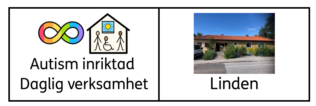Symbolstöd. Symbol för autism och daglig verksamhet, samt bild på utsidan av Linden.